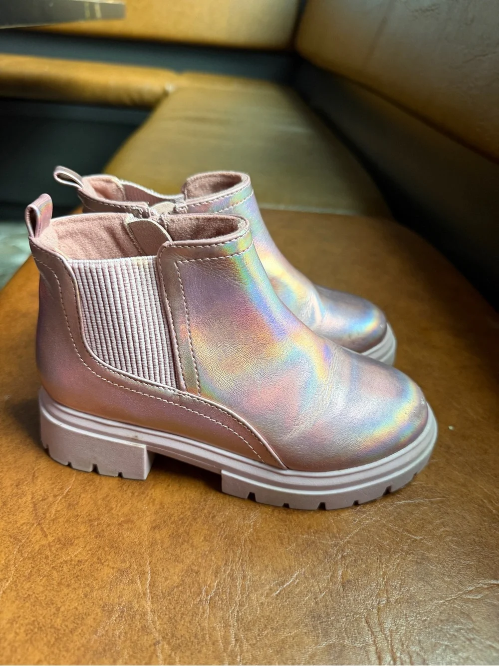 Girls' Iridescent Pink Chelsea Boots with Easy Slip-On Design size 11.
